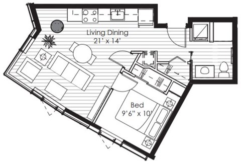 Floor plan for 1 bed, 1 bath, 560 sqft